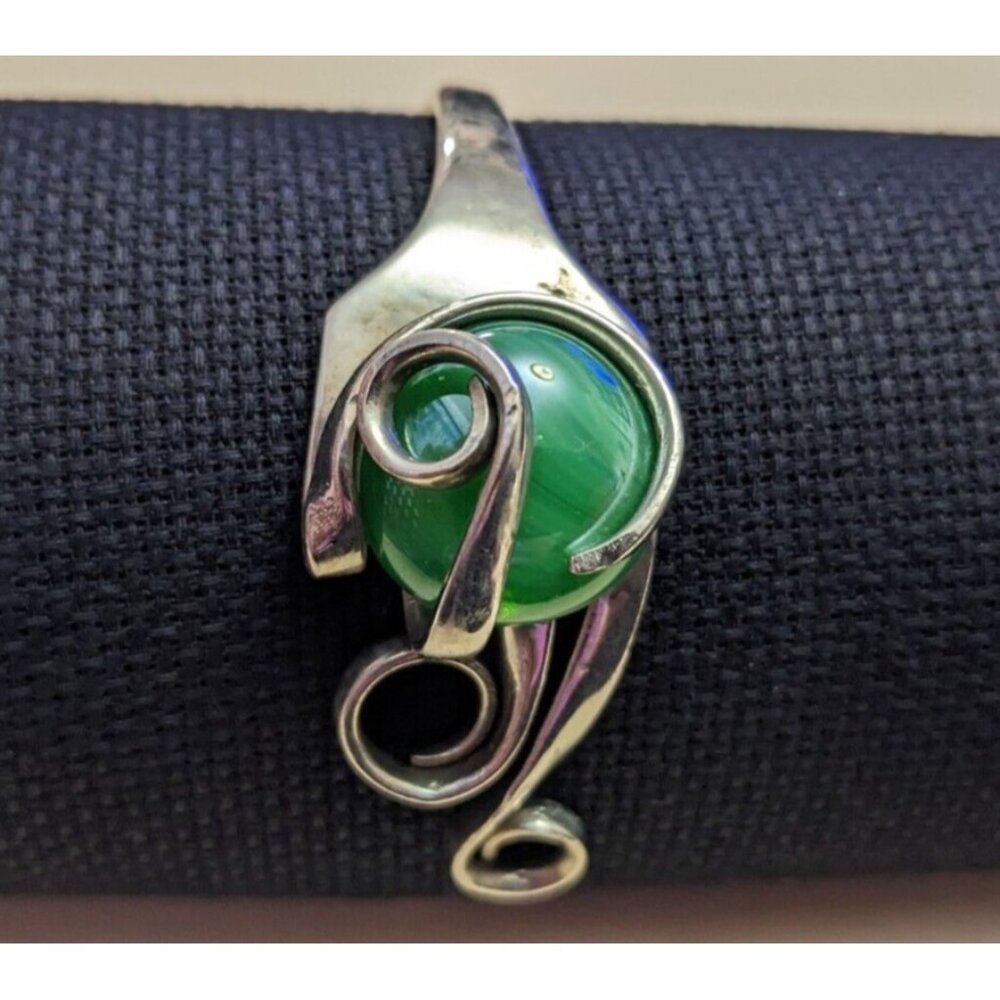Vintage Alpacca-Silco Bent Fork Bracelet Malachite(?) Silver Plated Made In USA